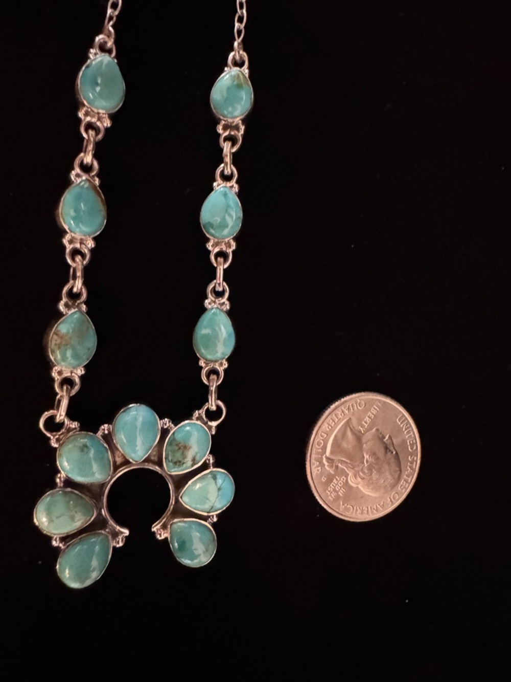 Genuine Turquoise Stone sterling Silver-Set Squash Blossom Style Necklace - Picture 5 of 6